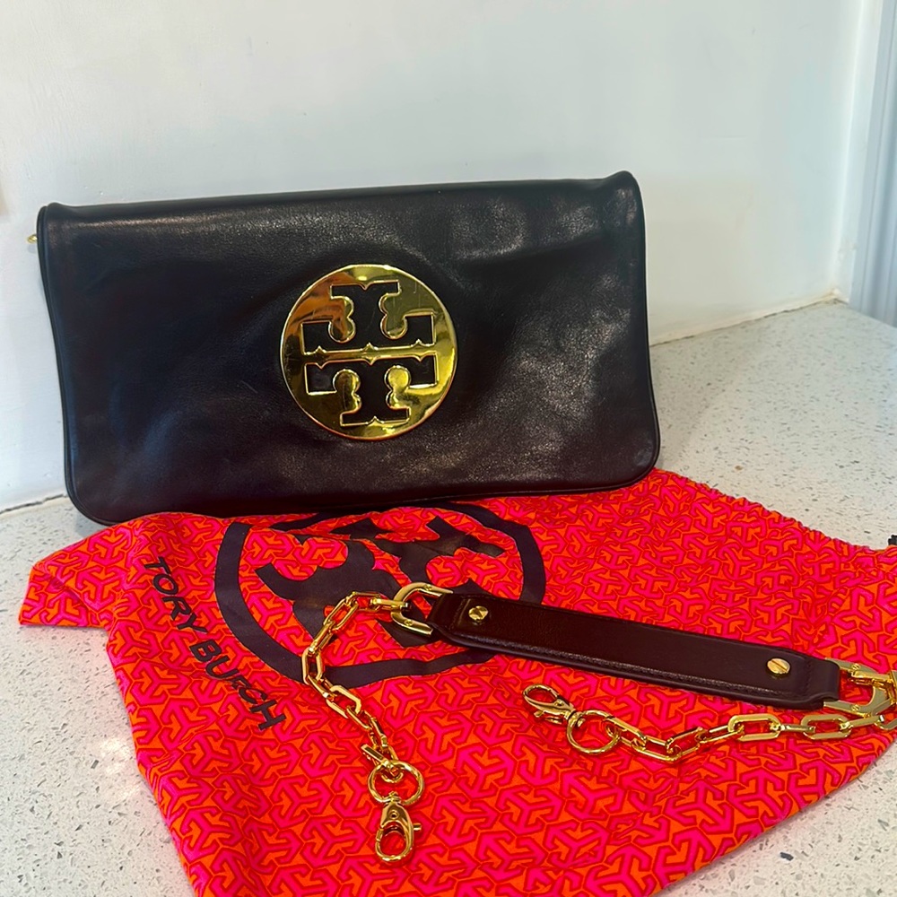 Tory Burch clutch, black leather, gold detail, removable chain strap & dust bag